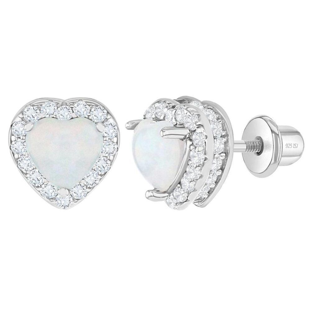 Kids Opal Heart Earrings with Screw Backs - Sterling Silver Heart Earrings